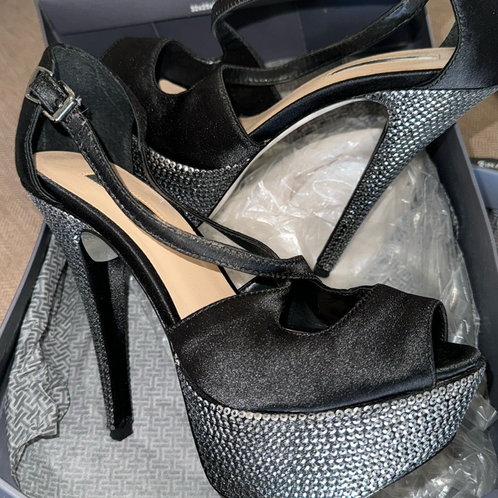 Black crystal satin heels